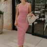 Full body front view of female model wearing the Delilah Red & White Striped Midi DressDelilah Red & White Striped Midi Dress that has horizontal red and white stripes, a round neck, sleeveless, and midi hem.