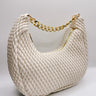 Front view of the Jade Cream & Gold Chain Strap Purse which features cream woven design fabric, black lining, gold chain strap and gold zipper closure