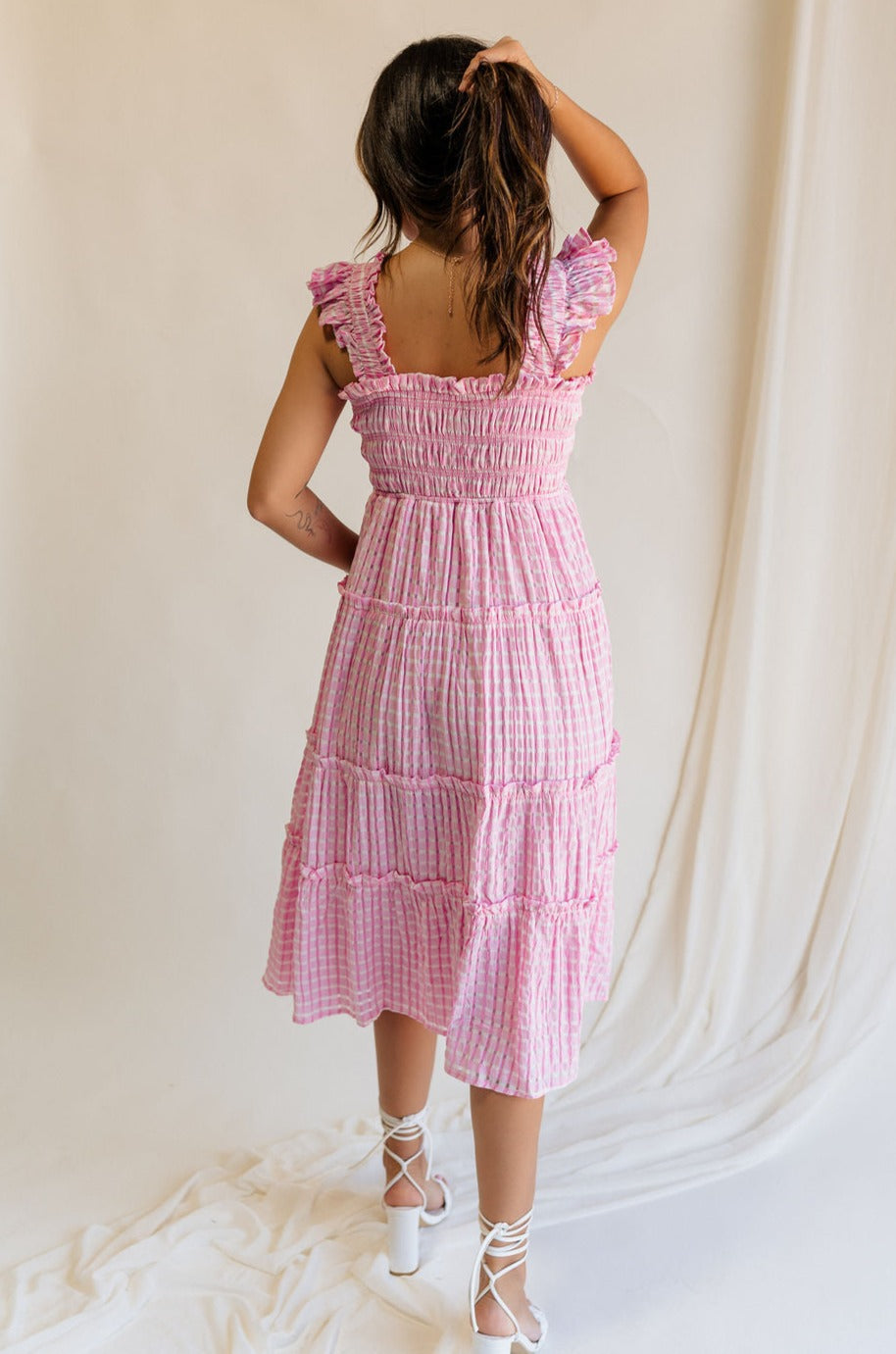 Clara Pink & White Gingham Midi Dress - Lizard Thicket Clara Pink & White Gingham Midi Dress - Lizard Thicket