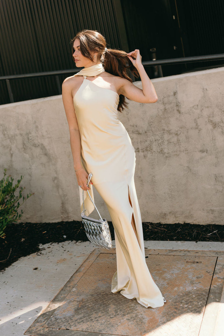 yellow scarf dress Yellow Satin Scarf Maxi Dress – One-Shoulder Formal Gown