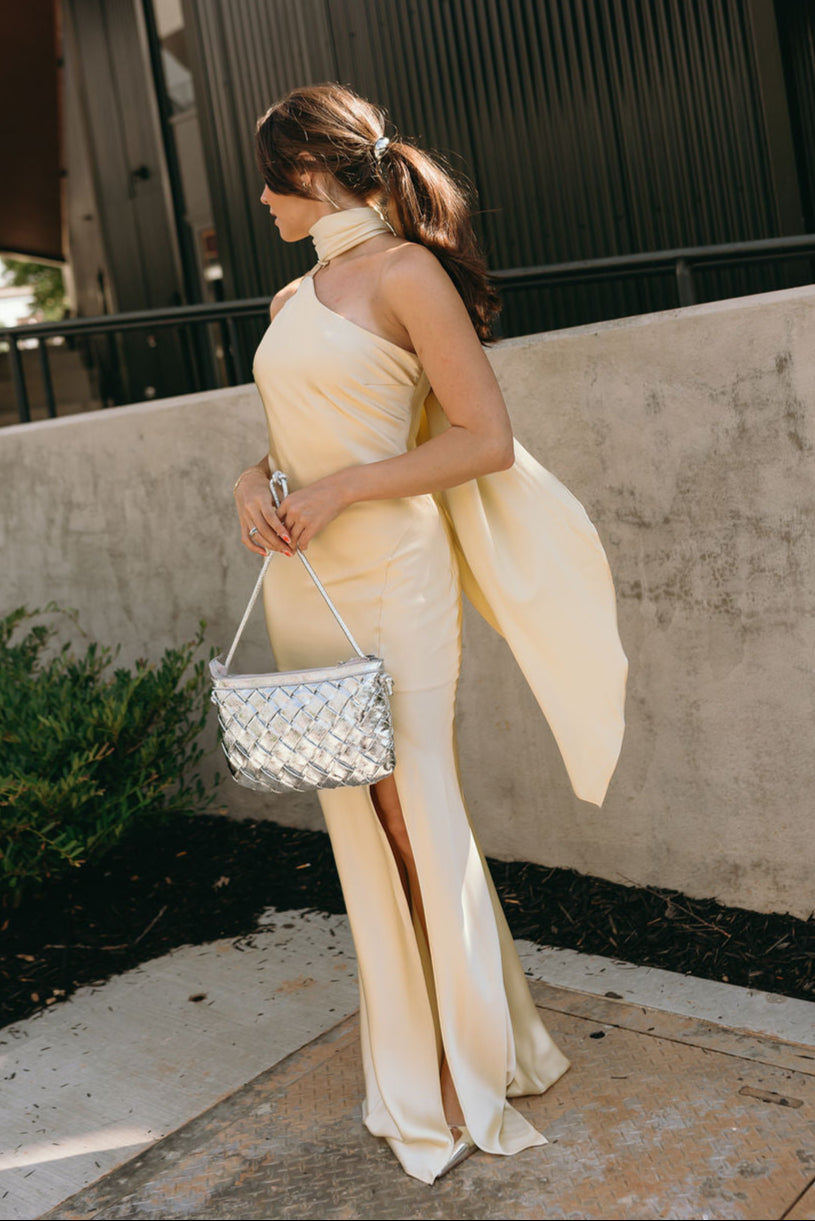 yellow satin scarf dress Bandeau Split Leg Maxi Dress With Scarf In Yellow | EGO US