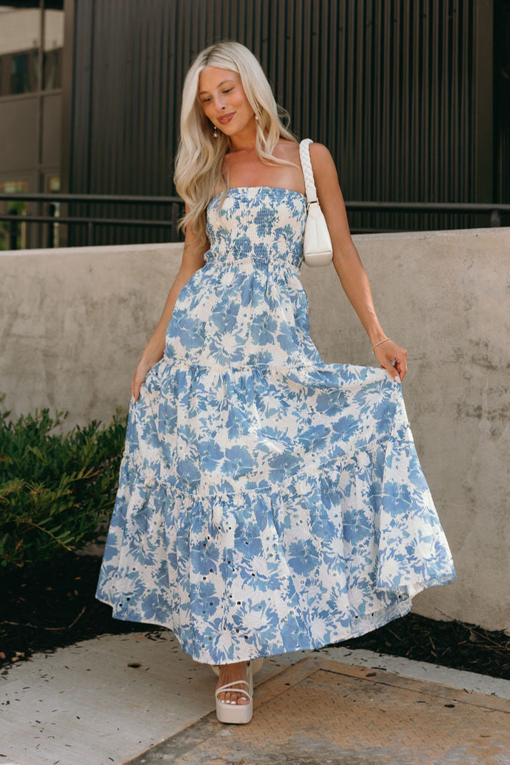 Everly Cream & Blue Floral Strapless Maxi Dress - full front view