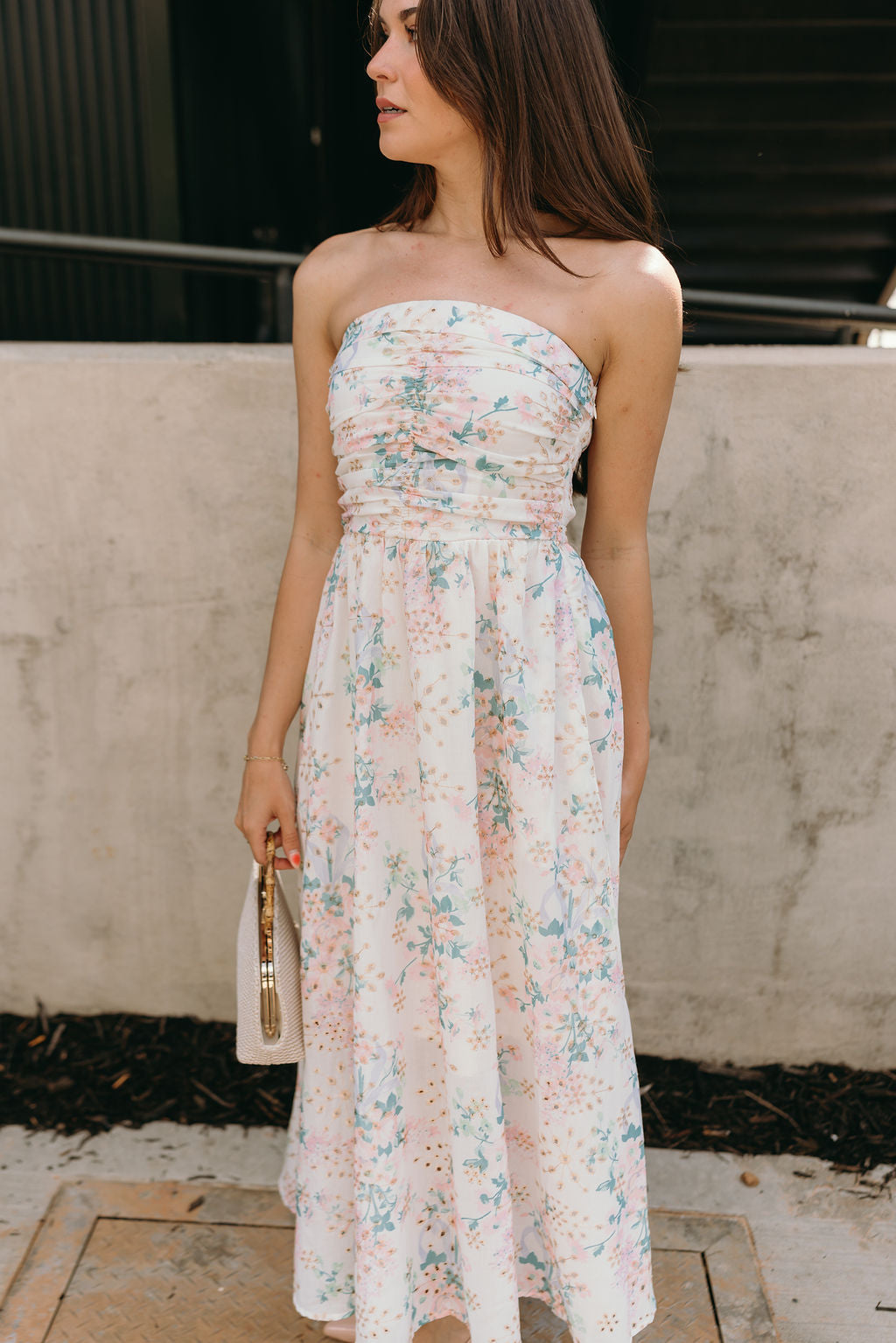 Kimmie Cream Floral Strapless Midi Dress - front 