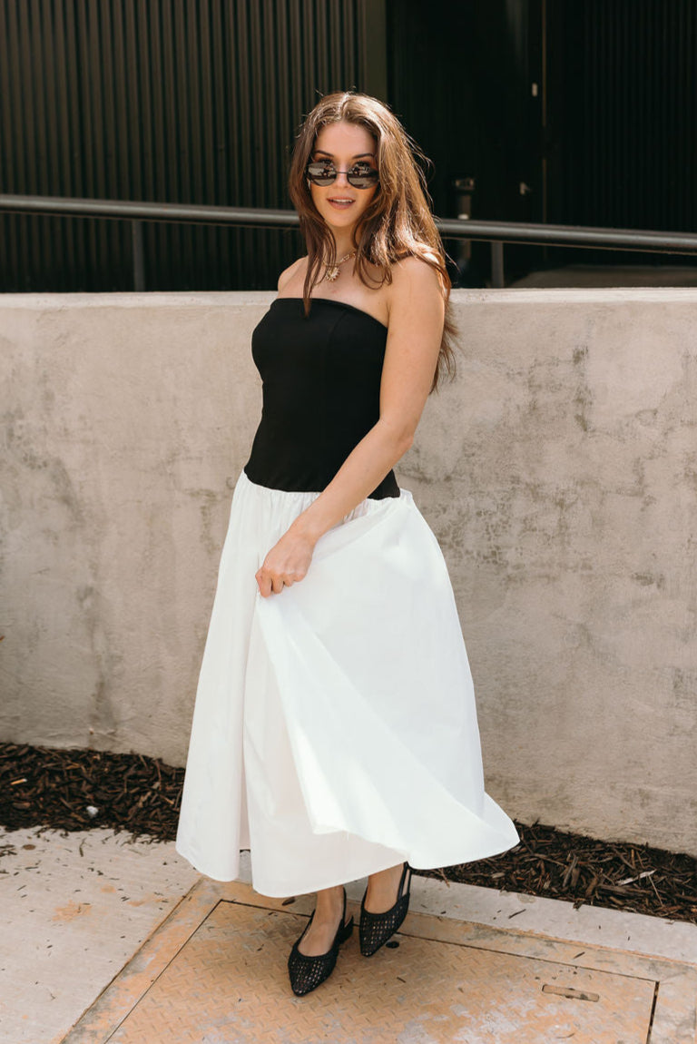 Black & White Strapless Midi Dress Drop Waist Colorblock - Lizard Thicket Black & White Strapless Midi Dress Drop Waist Colorblock - Lizard Thicket