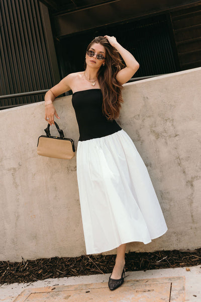 Black & White Strapless Midi Dress Drop Waist Colorblock - Lizard Thicket Black & White Strapless Midi Dress Drop Waist Colorblock - Lizard Thicket