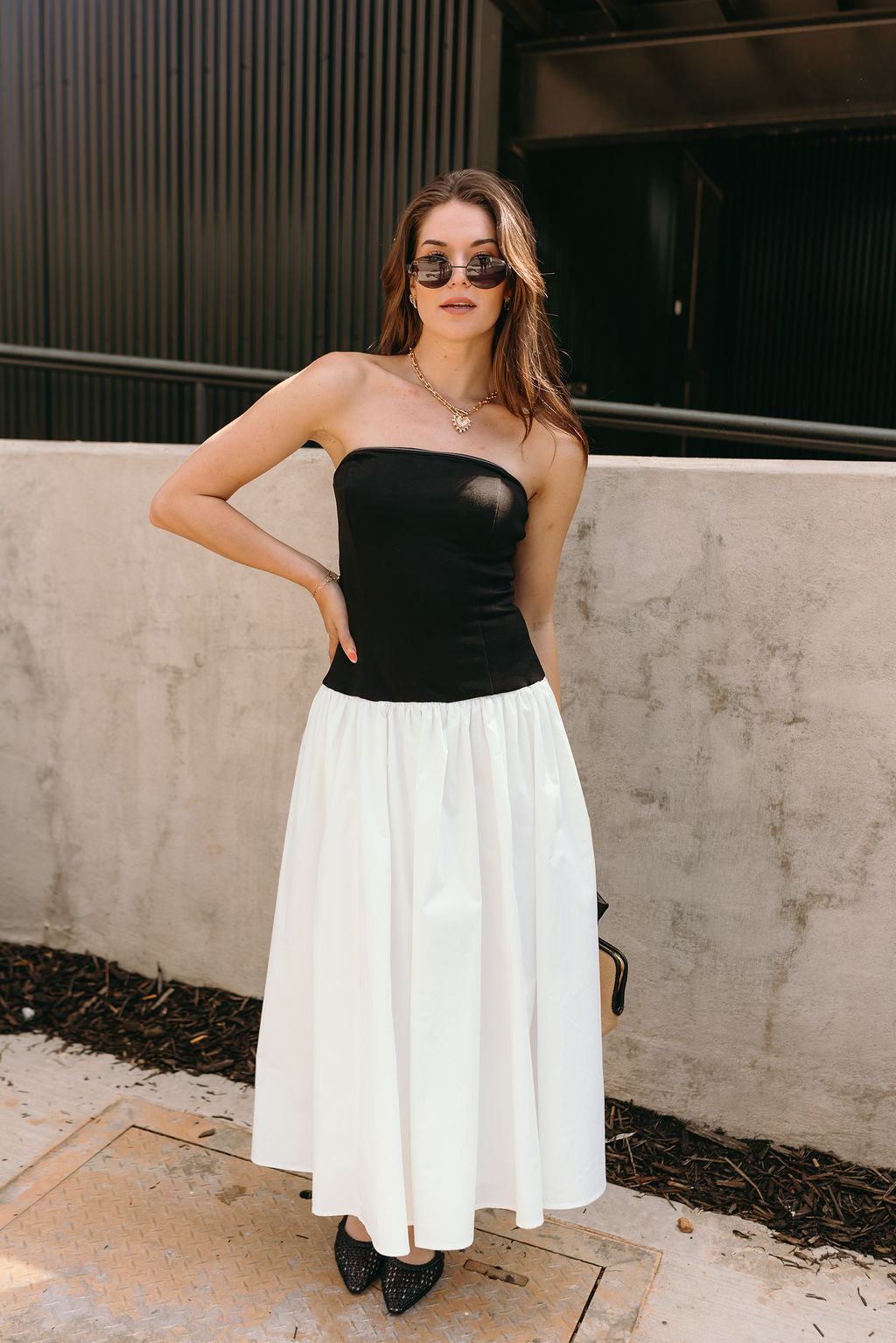 black and white strapless dresses Black & White Strapless Midi Dress – Drop Waist Colorblock