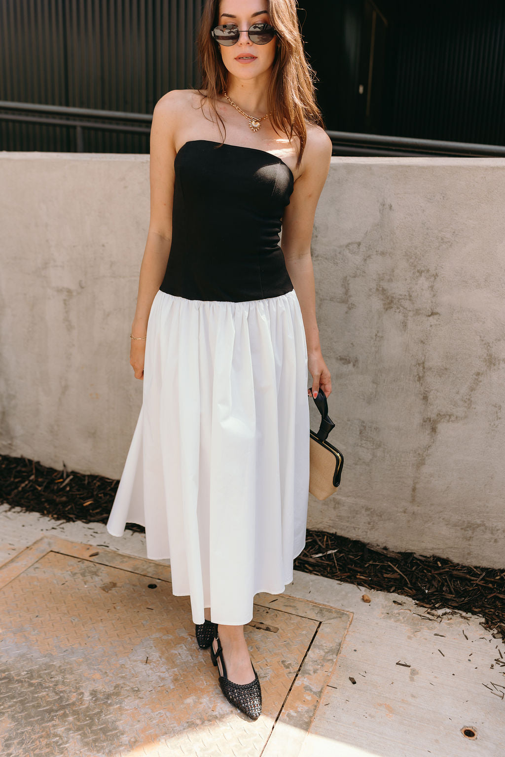 Black & White Strapless Midi Dress Drop Waist Colorblock - Lizard Thicket Black & White Strapless Midi Dress Drop Waist Colorblock - Lizard Thicket