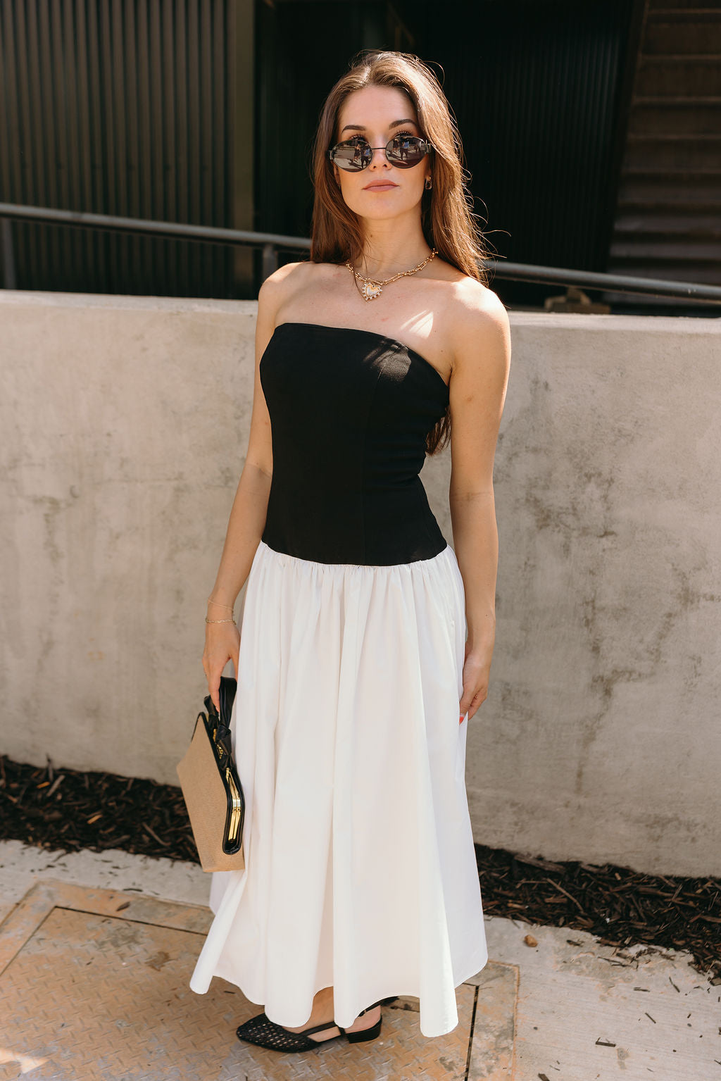 Black & White Strapless Midi Dress – Drop Waist Colorblock Black & White Strapless Midi Dress – Drop Waist Colorblock