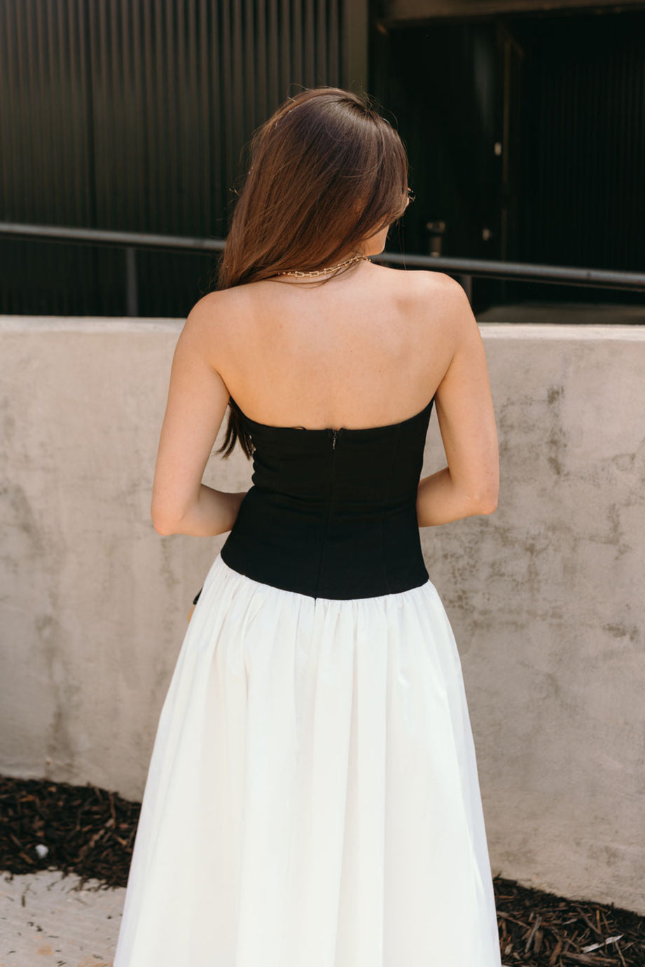 Black & White Strapless Midi Dress Drop Waist Colorblock - Lizard Thicket Black & White Strapless Midi Dress Drop Waist Colorblock - Lizard Thicket