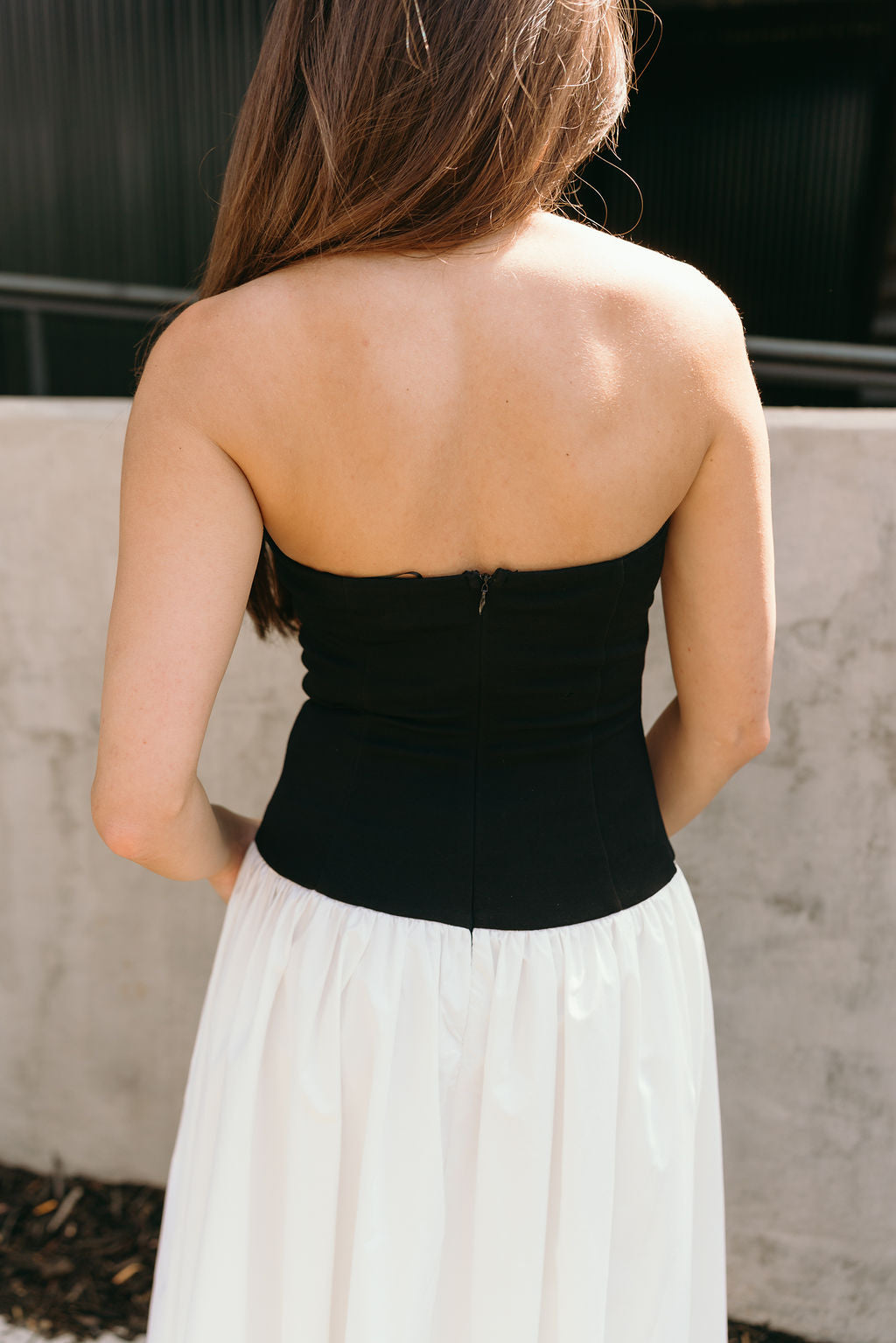 Black & White Strapless Midi Dress Drop Waist Colorblock - Lizard Thicket Black & White Strapless Midi Dress Drop Waist Colorblock - Lizard Thicket