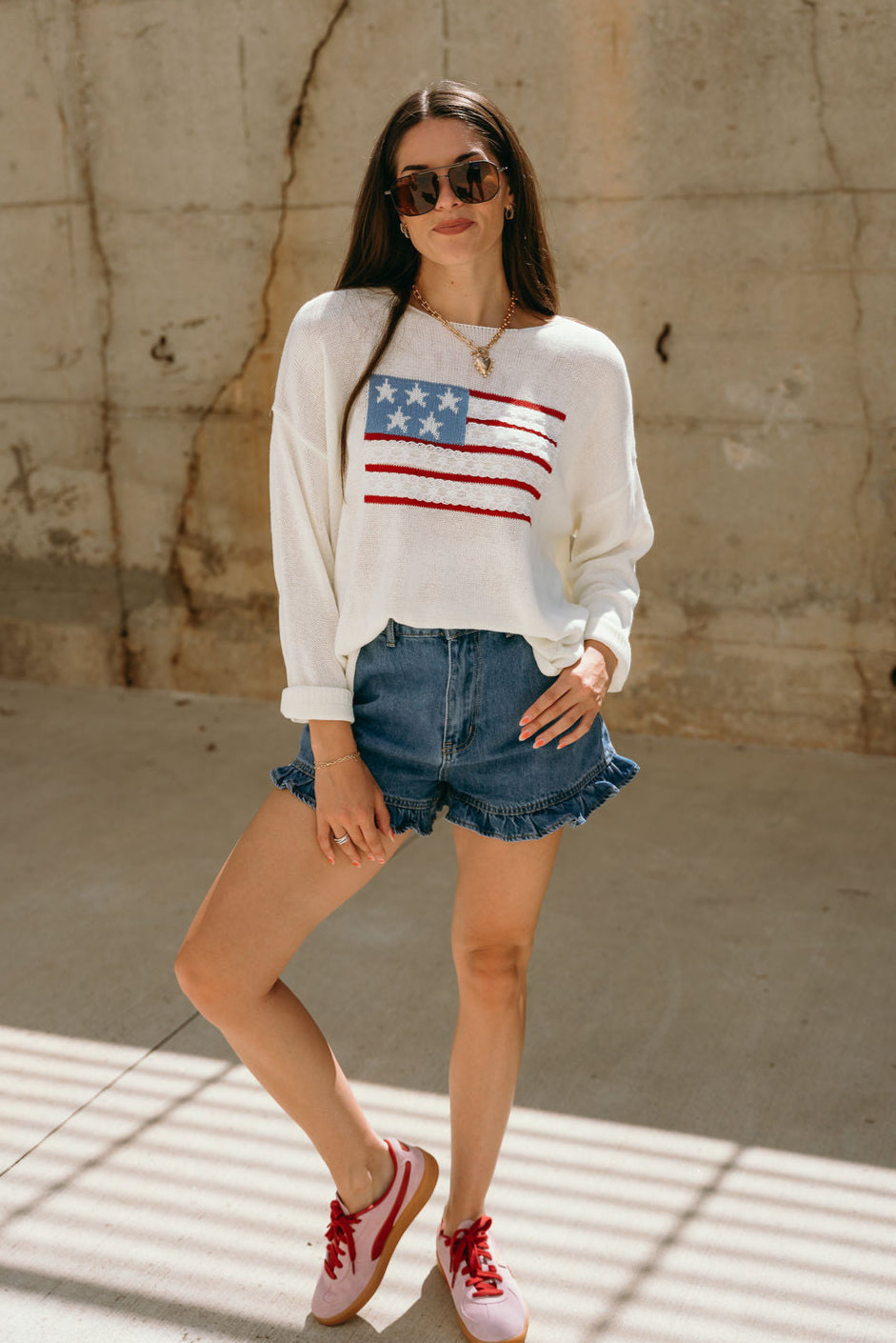 Eve Cream American Flag & Lace Sweater- full body front view