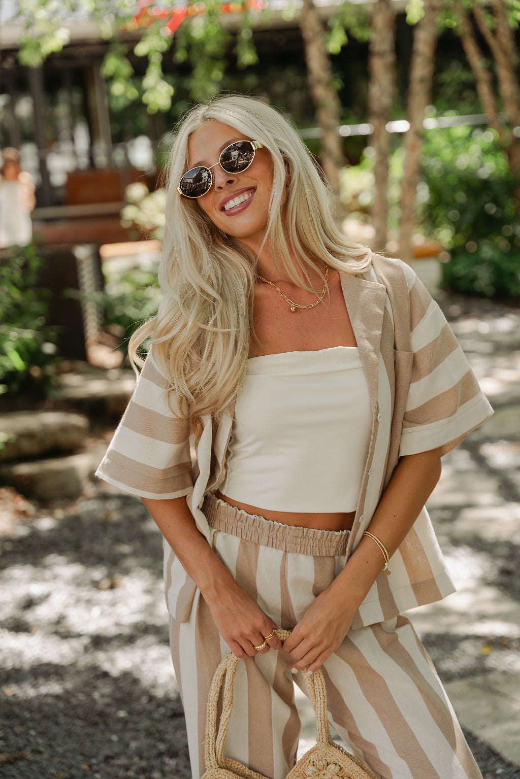 Melina Taupe & Cream Striped Button-Up Top - front view - unbuttoned