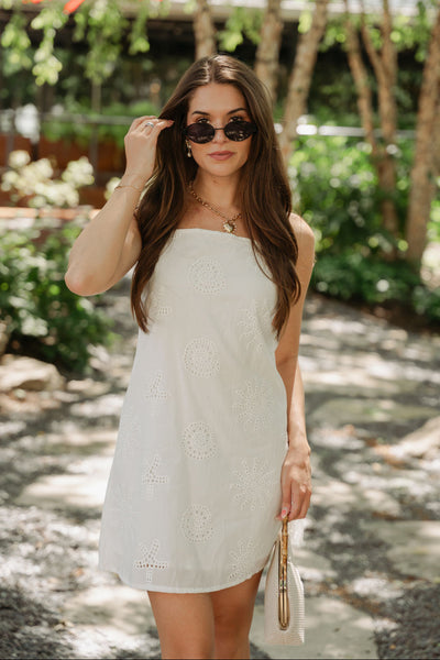 White Seashell Eyelet Mini Dress – Adjustable Straps