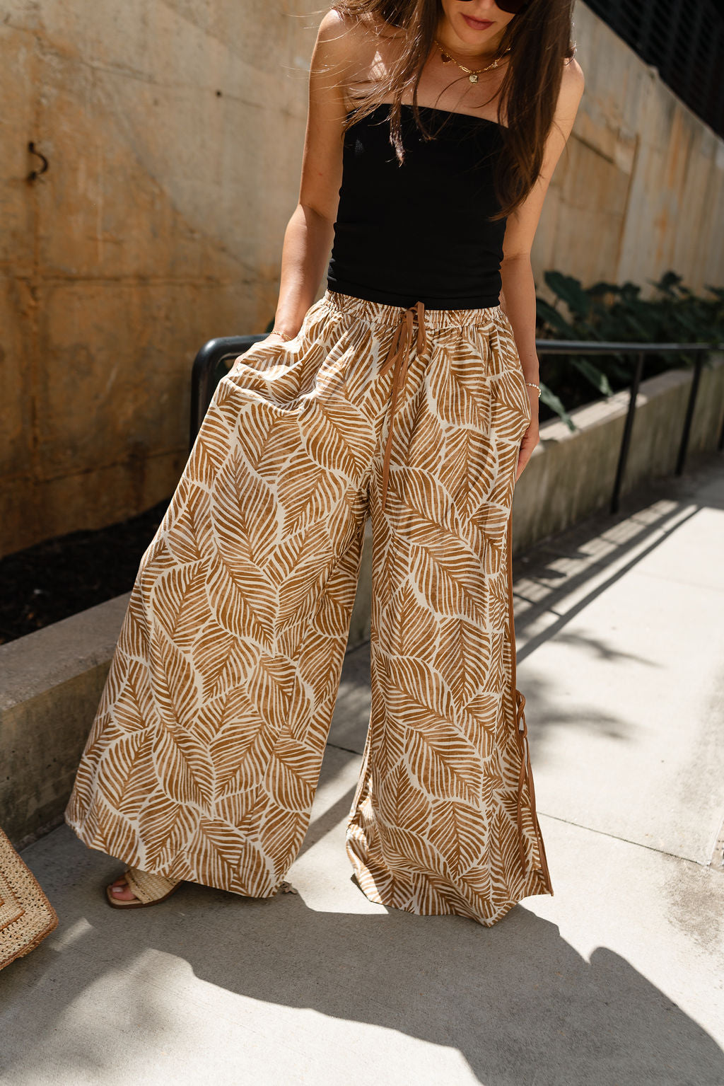Thea Cream & Mocha Palm Leaf Pants- close up front view