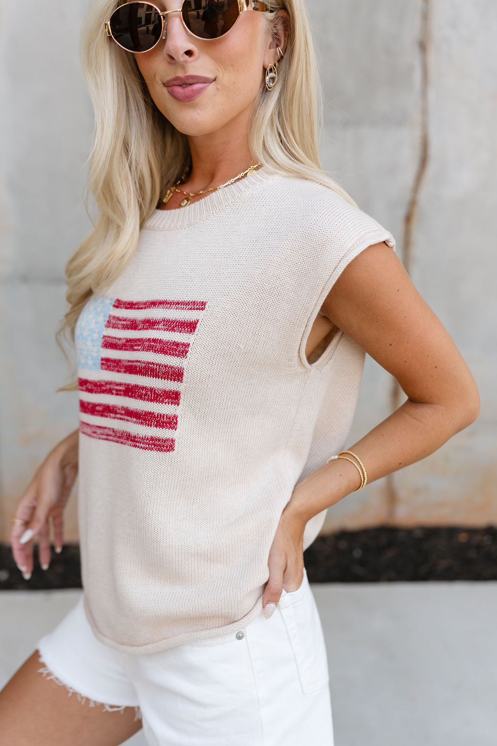 Lucy Cream Knit American Flag Tank- close up side view
