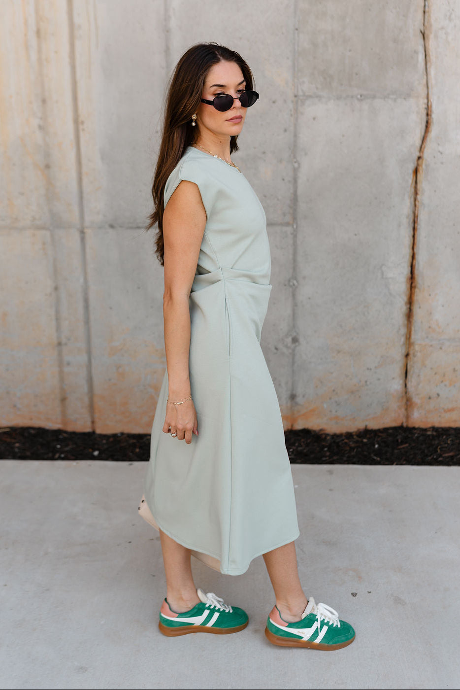 Lizzie Sage Green Knit Midi Dress - full body side view