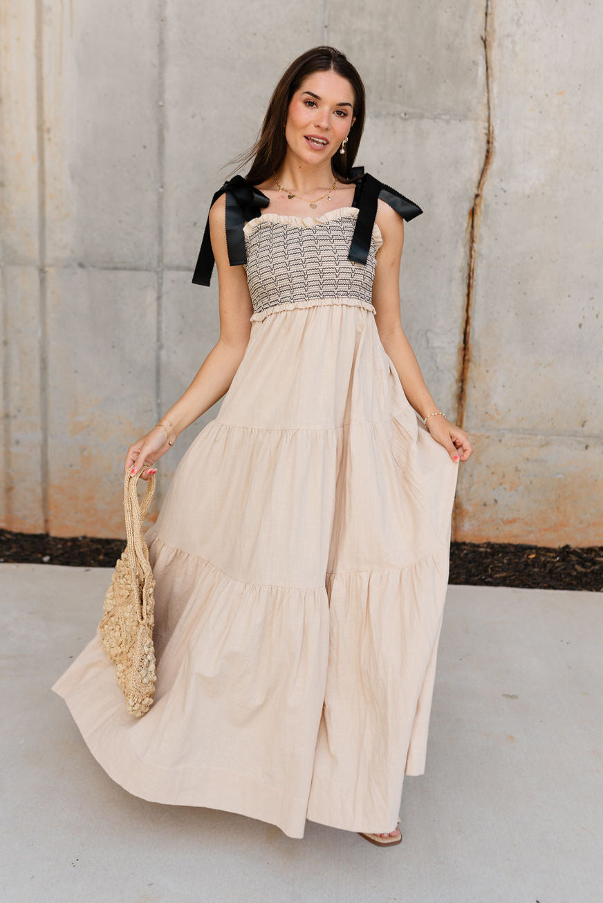 Kendra Taupe & Black Tie Strap Maxi Dress - full body front view