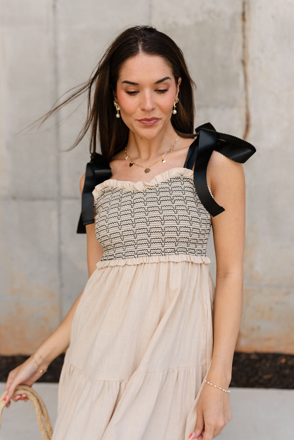 Kendra Taupe & Black Tie Strap Maxi Dress - upper body front view