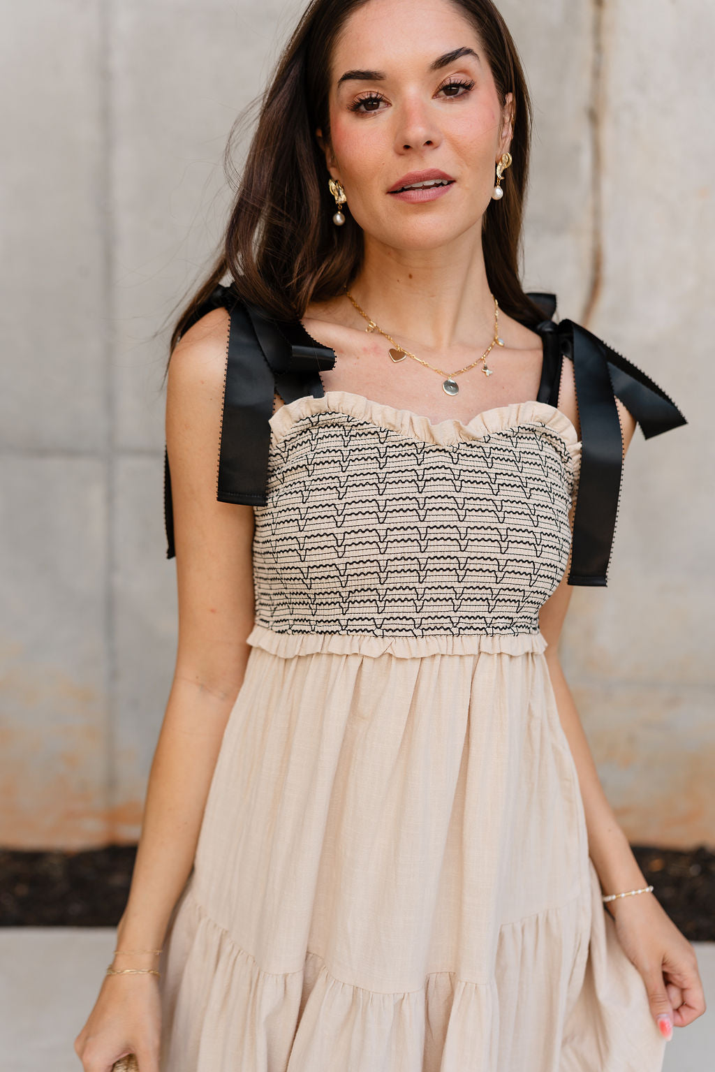 Kendra Taupe & Black Tie Strap Maxi Dress - close upper front view