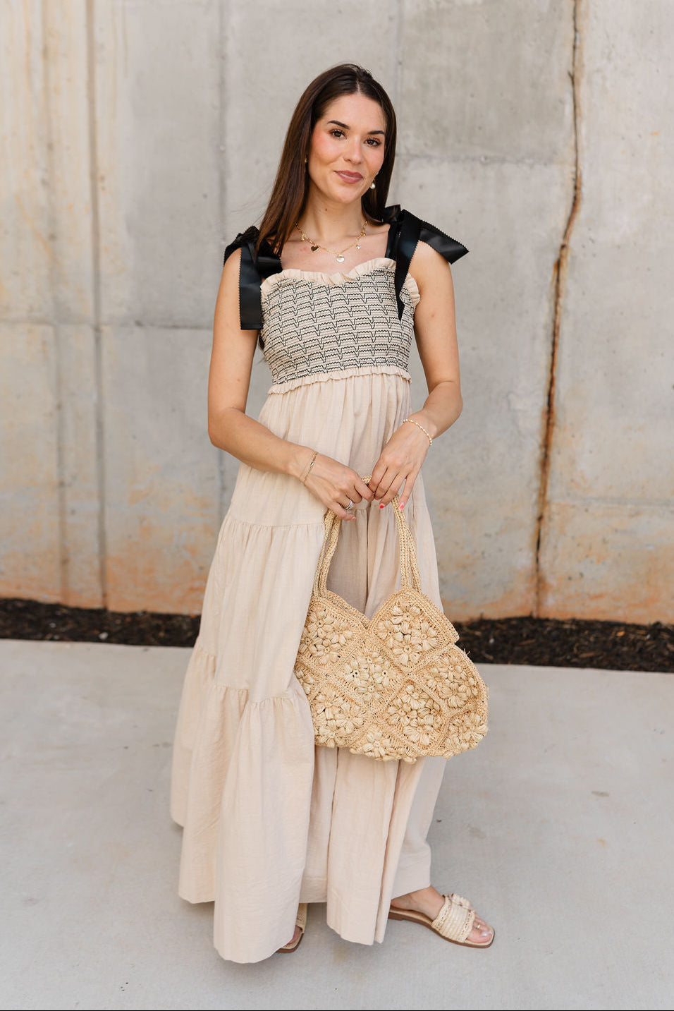 Kendra Taupe & Black Tie Strap Maxi Dress - full front view
