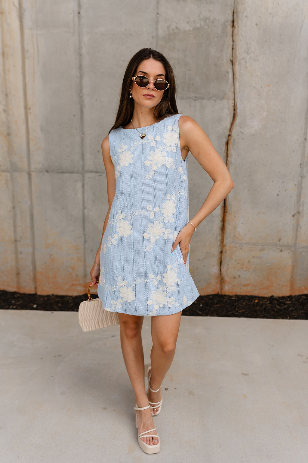Cara Light Blue & Cream Floral Mini Dress - full body front view