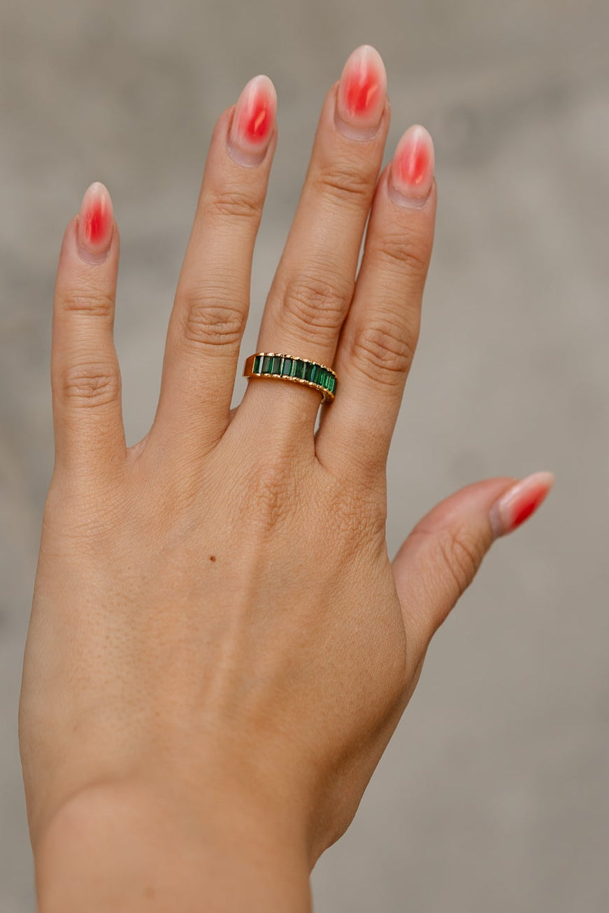 Rima Emerald Gold Dipped Ring - close up on model's hand