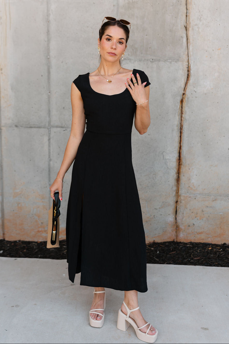Keria Black Slit Midi Dress- full body view