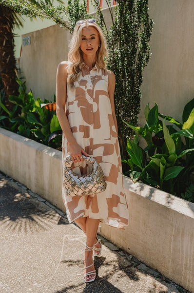 Aurelia Cream & Brown Printed Midi Dress - Lizard Thicket