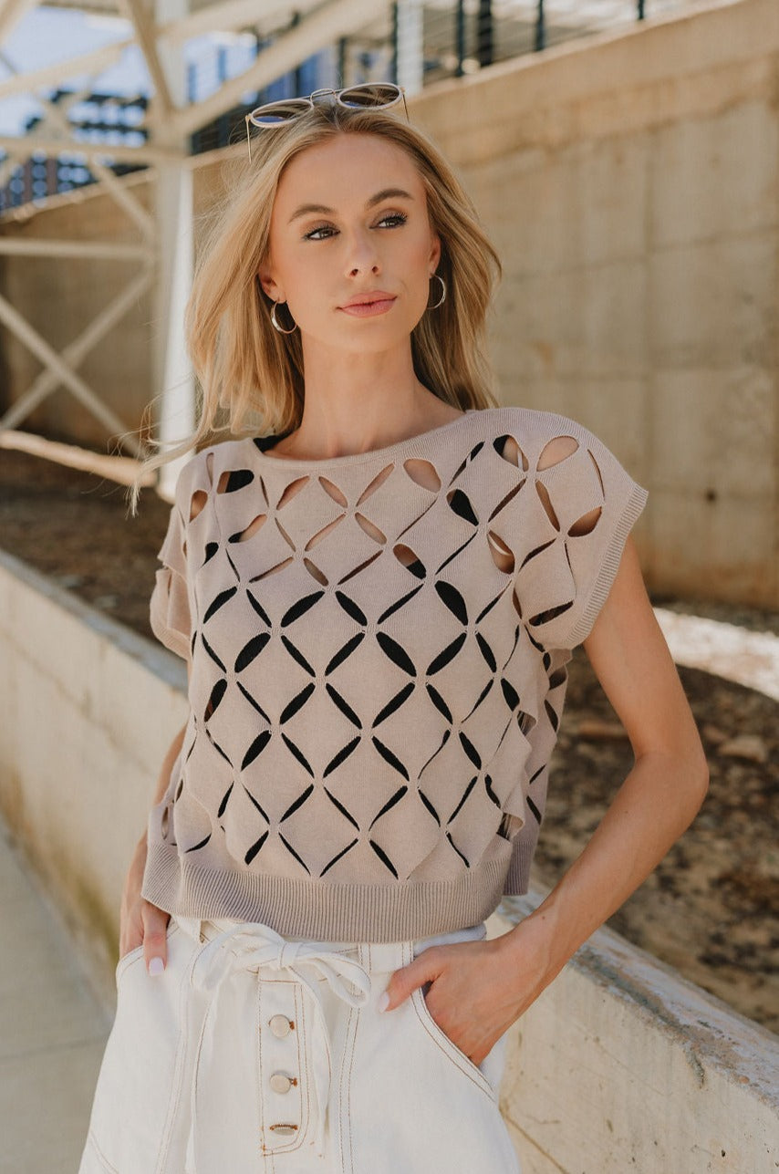 Close up front view of Emme Taupe Short Sleeve Top that has cut out details throughout. 