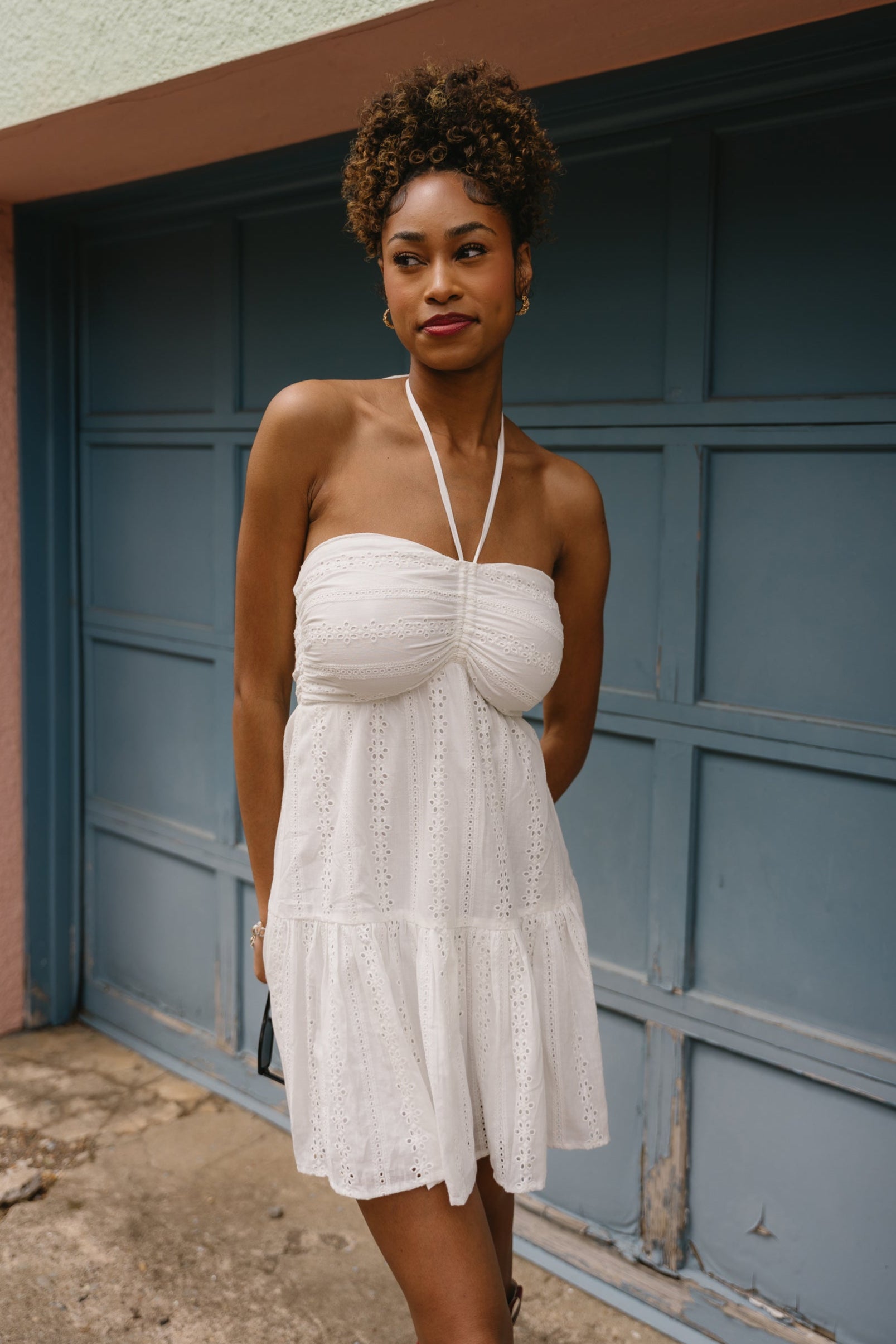Grace White Eyelet Flare Mini Dress- front view