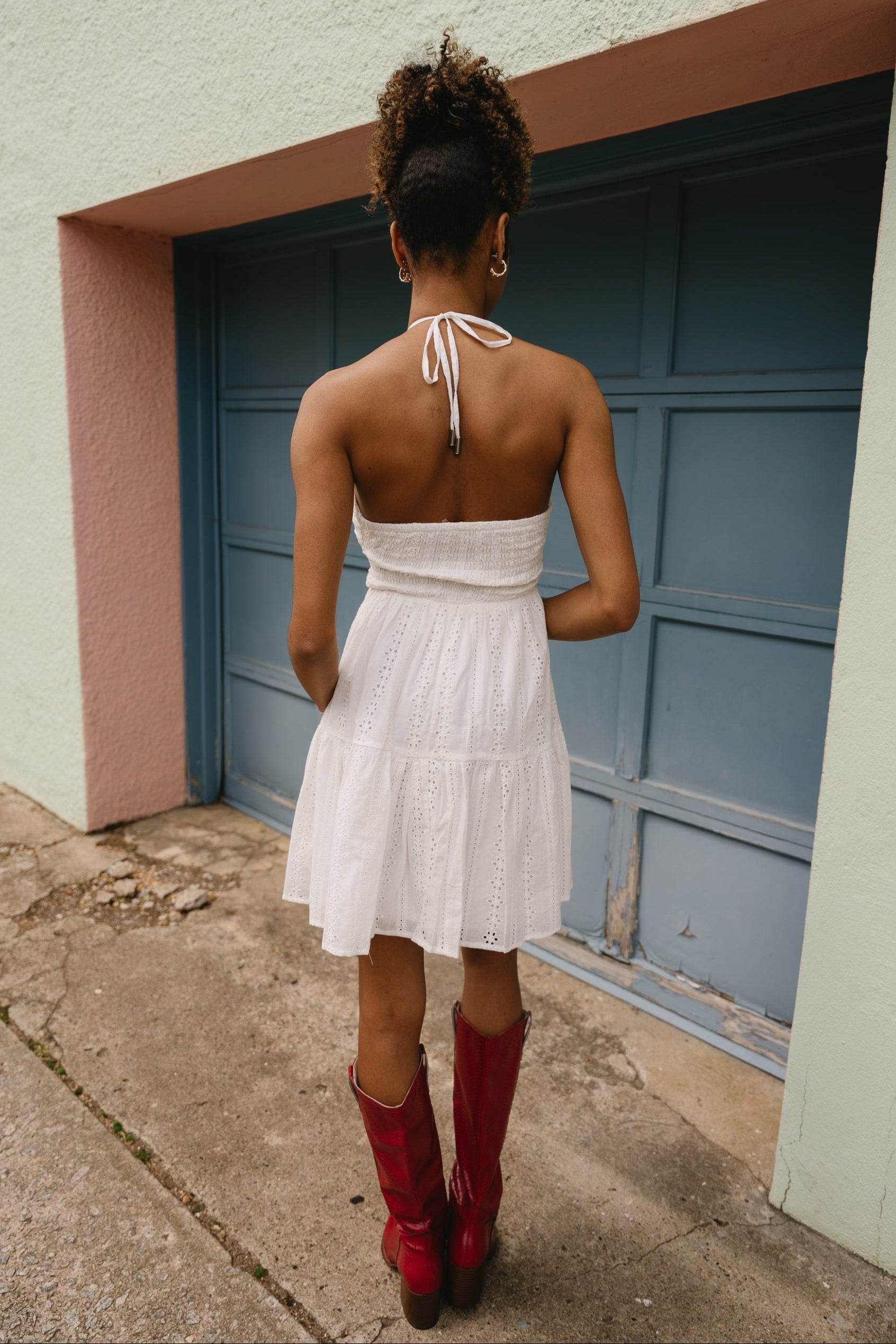 Grace White Eyelet Flare Mini Dress- full body back view