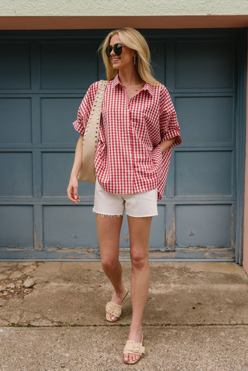 Celeste Red & White Gingham Button-Up Top- full body view