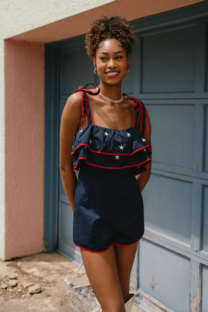 Harley Navy & Red Star Ruffle Romper- front view
