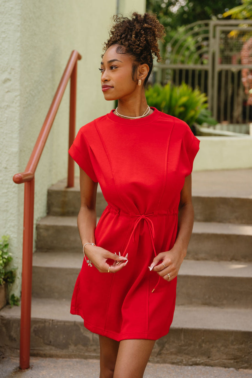 Kendall Red Cinched Waistband Mini Dress- close up front view