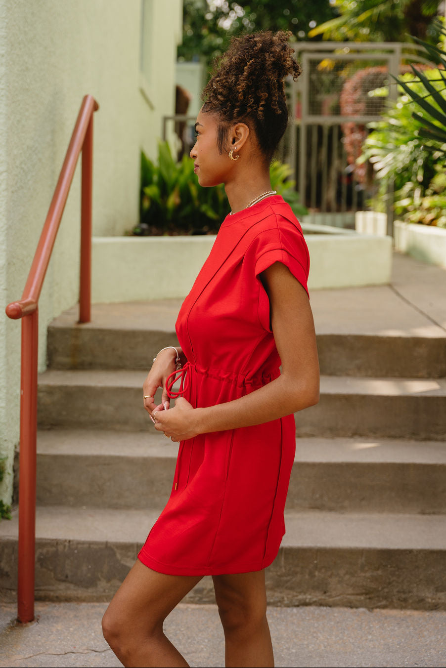 Kendall Red Cinched Waistband Mini Dress- side view