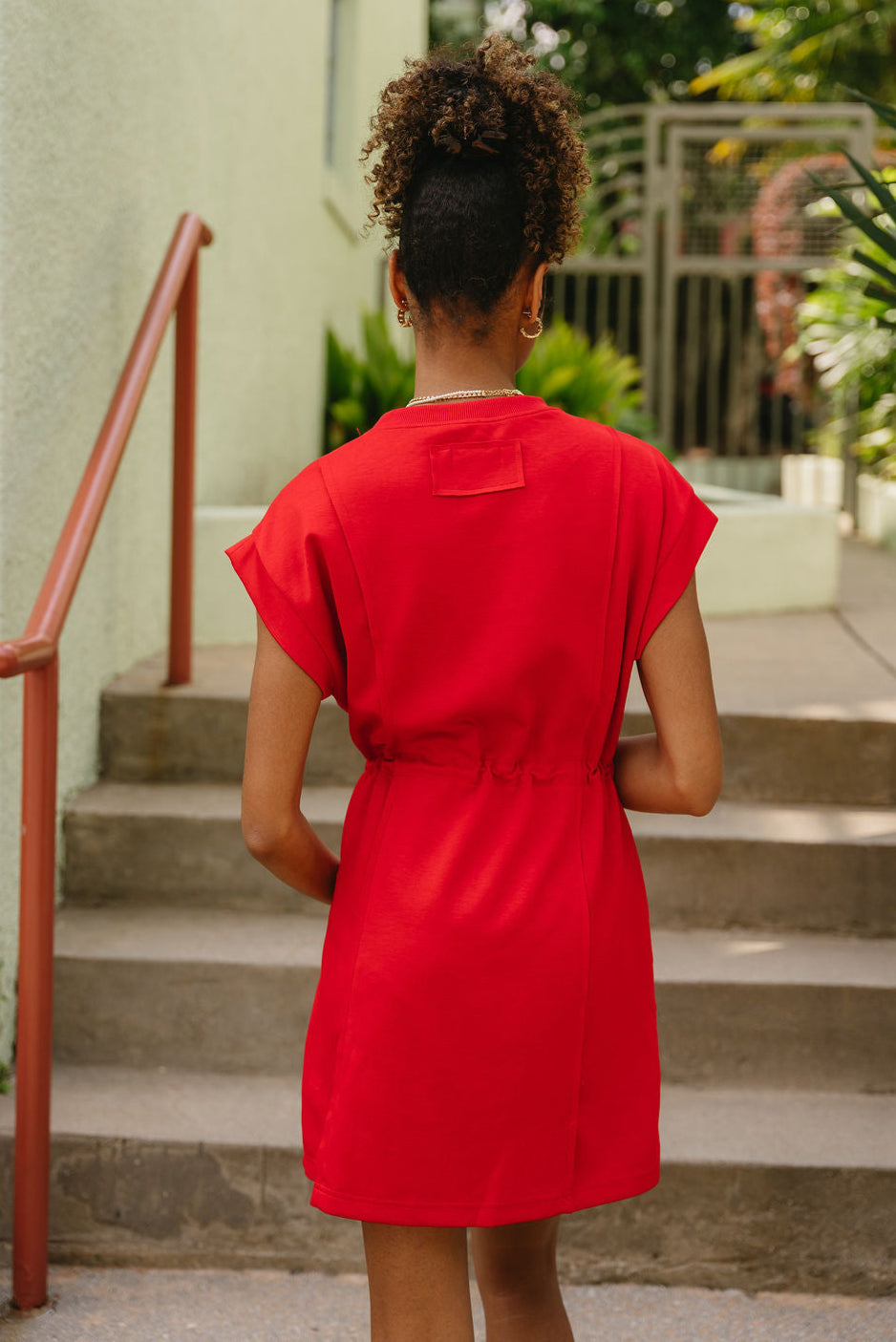 Kendall Red Cinched Waistband Mini Dress- back view