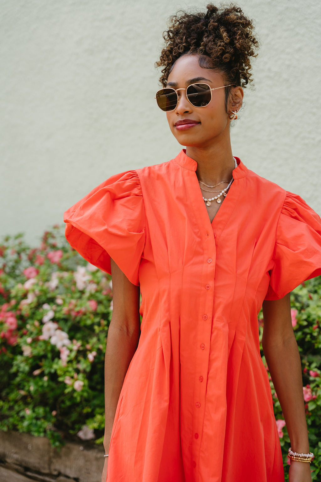 Shawna Coral Puff Sleeve Mini Dress - upper body front view