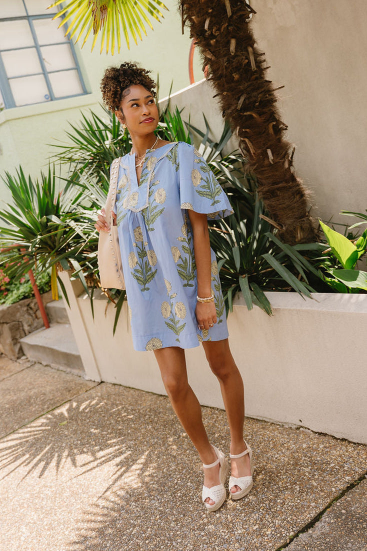 Mara Blue Floral Short Sleeve Mini Dress - full front view