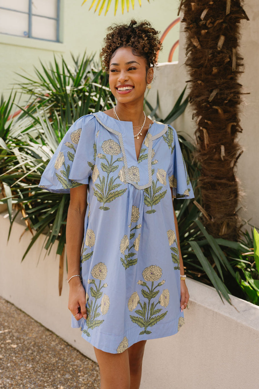 Mara Blue Floral Short Sleeve Mini Dress - front