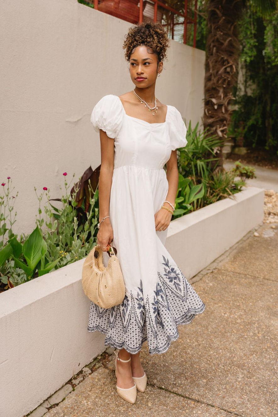 White & Navy Puff Sleeve Midi Dress Embroidered Summer Dress - Lizard Thicket White & Navy Puff Sleeve Midi Dress Embroidered Summer Dress - Lizard Thicket