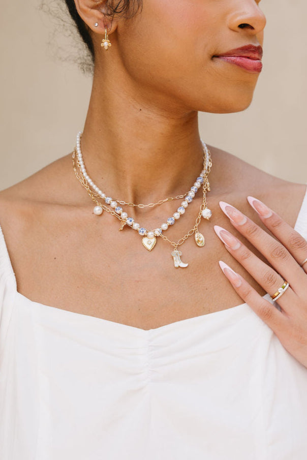 Margot Layered Floral Bead & Charm Necklace - frontal view on model