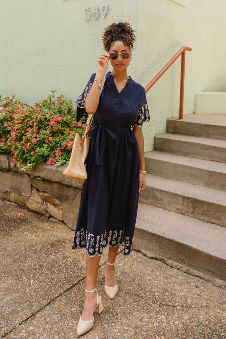 Navy & White Eyelet Midi Dress Belted Embroidered Dress - Lizard Thicket Navy & White Eyelet Midi Dress Belted Embroidered Dress - Lizard Thicket