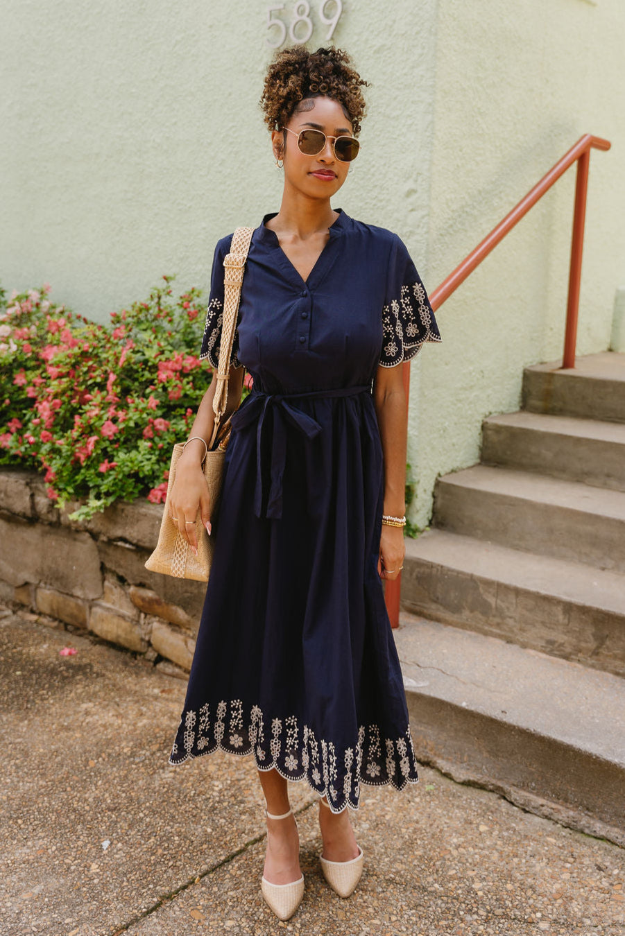 Navy & White Eyelet Midi Dress Belted Embroidered Dress - Lizard Thicket Navy & White Eyelet Midi Dress Belted Embroidered Dress - Lizard Thicket