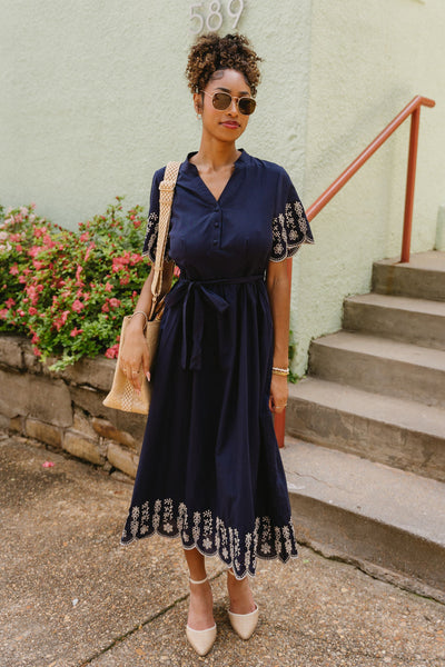 Navy & White Eyelet Midi Dress – Belted Embroidered Dress