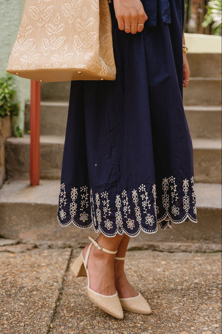Navy & White Eyelet Midi Dress Belted Embroidered Dress - Lizard Thicket Navy & White Eyelet Midi Dress Belted Embroidered Dress - Lizard Thicket
