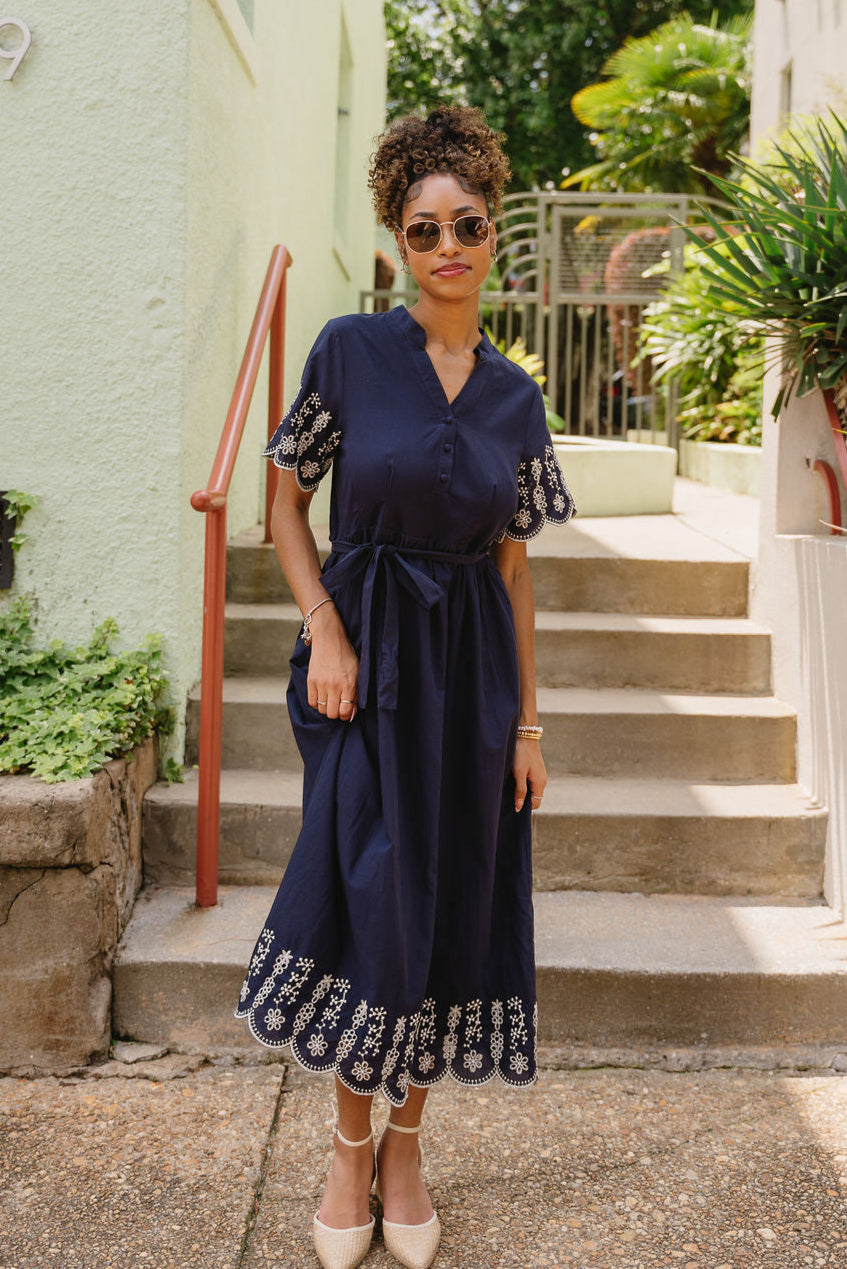 Clarissa Navy & White Eyelet Midi Dress - full front view