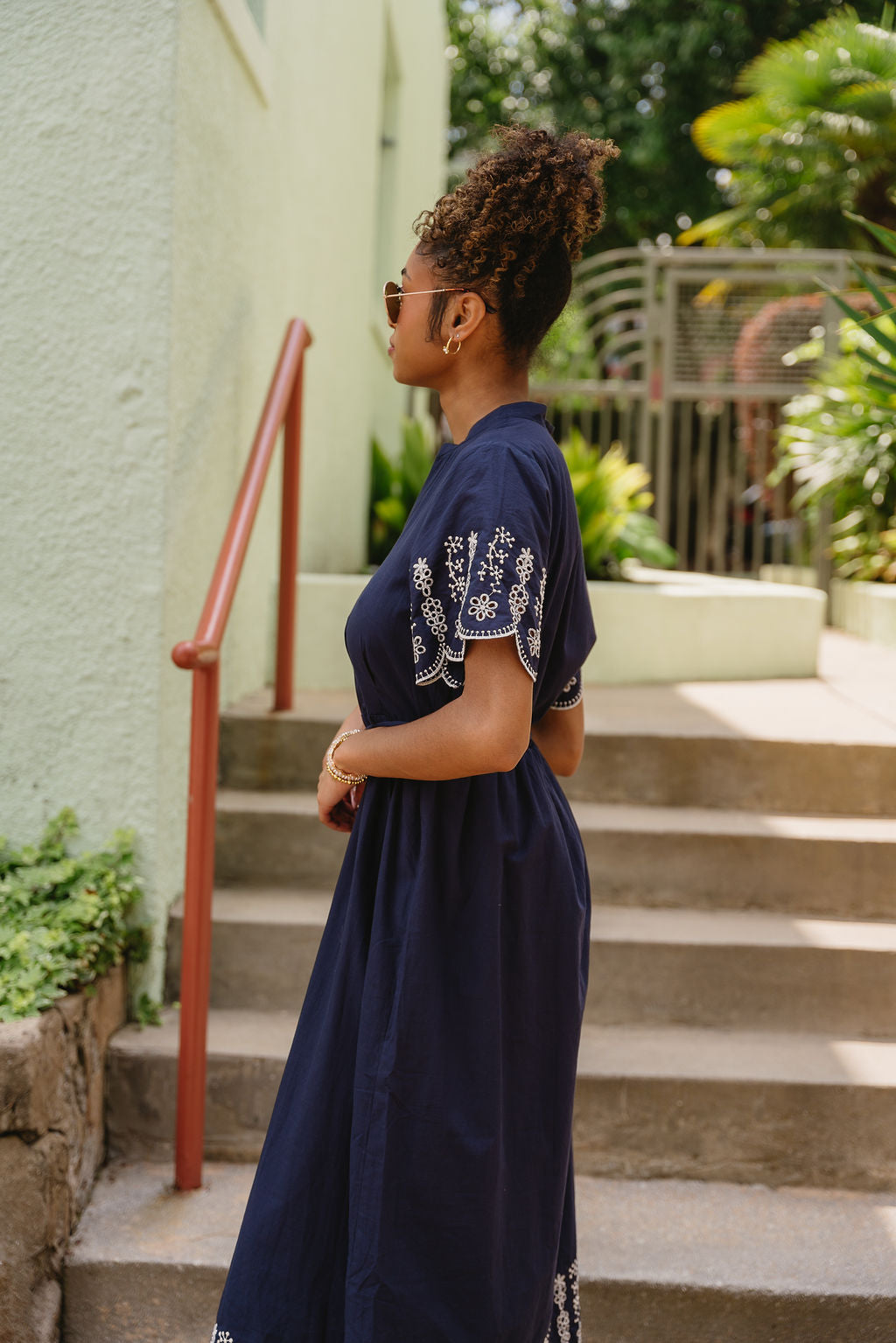 Navy & White Eyelet Midi Dress Belted Embroidered Dress - Lizard Thicket Navy & White Eyelet Midi Dress Belted Embroidered Dress - Lizard Thicket