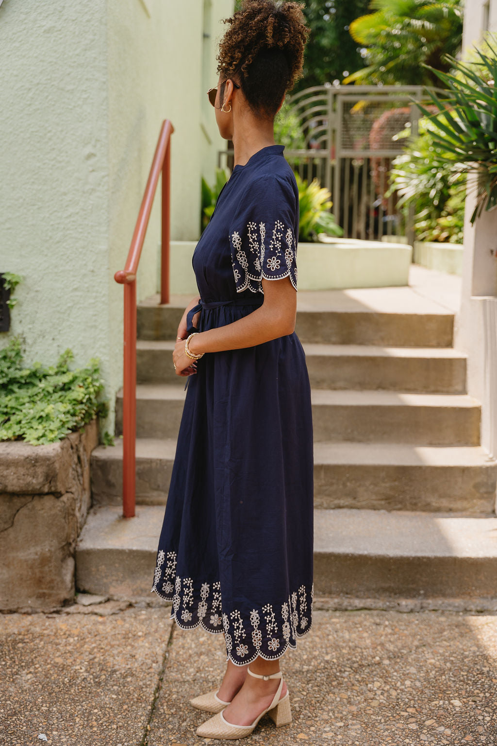 Navy & White Eyelet Midi Dress – Belted Embroidered Dress