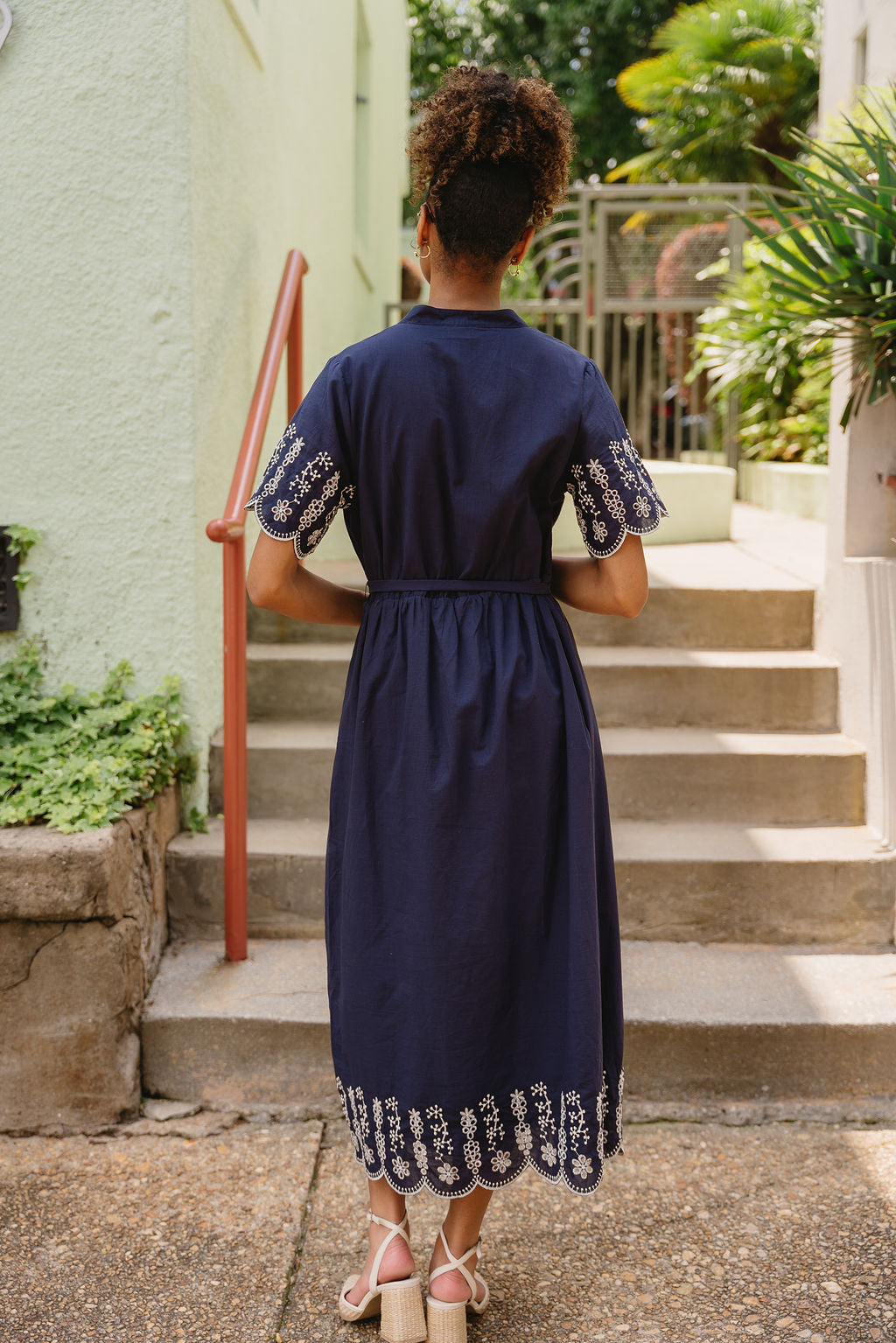 Navy & White Eyelet Midi Dress Belted Embroidered Dress - Lizard Thicket Navy & White Eyelet Midi Dress Belted Embroidered Dress - Lizard Thicket