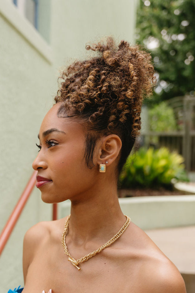 Giselle Gold & Turquoise Earrings - side view of earrings on model